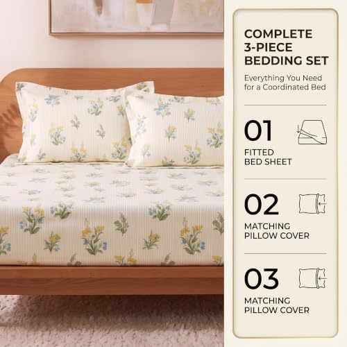 Image of VAS COLLECTIONS 240 TC Premium Fitted Bedsheet, Floral Printed King Size Elastic Deep Pocket Mattress Cover, Soft Breathable Bed Sheet for Bedroom, 72 x 78 + 10 Inches (183 x 198 + 25 cm) - Eucalyptus