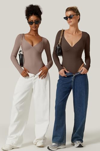 Image of QINSEN Women's Long Sleeve Bodysuit V Neck Body Suits Seamed Cup Going Out Tops Shirt