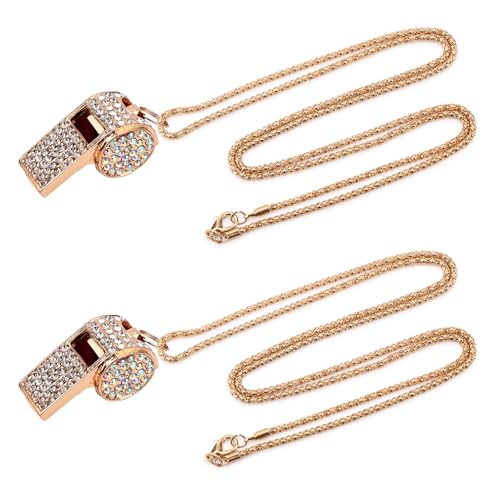 Gosknor 2pcs Gold Diamond Metal Bling Crystal Rhinestone Whistles with Golden Chain Lanyard Shining Loud Sound Sports Gift Gear for Referees Teachers Officials Basketball Football Training
