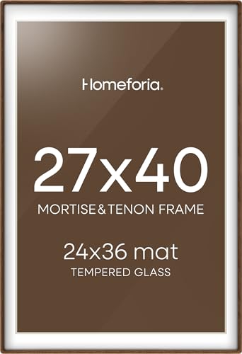 Homeforia 27x40 inch Poster Frame Brown Mortise & Tenon Walnut 27 x 40 Wooden Picture Frames with Mat 24 x 36 for Wall 40x27 Dark Wood Frame Matted to 24x36 Photo Tempered Glass Wall Kit Set of 1