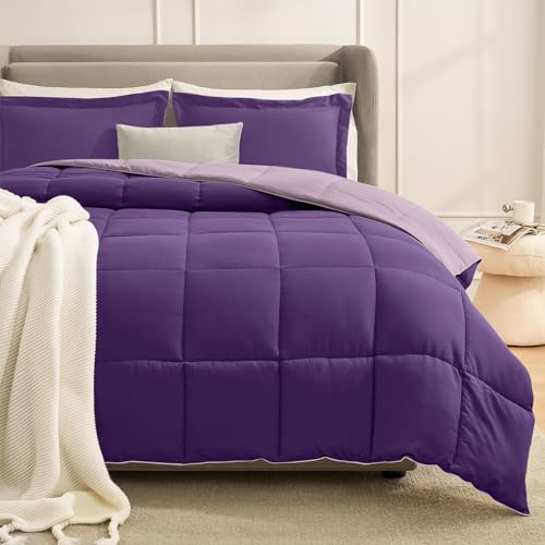 Image of Homelike Moment Queen Comforter Set Purple, Comforters Queen Size Set, Soft Lightweight Down Alternative Bed Comforter Full Size Reversible All Season 3 Pieces Bedding Sets Plum/Light Purple