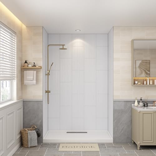 Bathlink Shower Wall Panels Waterproof, 36D x 60W x 96H, Solid Surface Shower Wall Panels, Shower Surround Wall Kit, White Wood Grain Finish, 1/8' (3mm) Thick, Trimmable