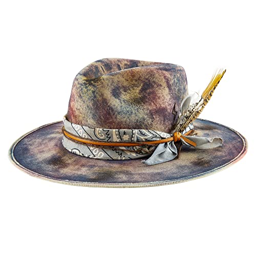 Image of RUEDIGER Wide Brim Fedora Hats for Men Women 100% Wool Felt Panama Rancher Hat with Lightning Logo Distressed /Burned Handmade