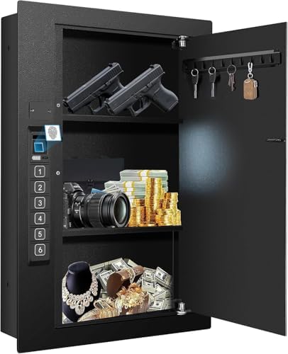 Biometric Wall Safe, Hidden Fingerprint Security In-Wall Safe Between Studs, Upgraded Biometric/Keypad/Key Access for Secure Handgun, Documents, Jewelry, Valuables