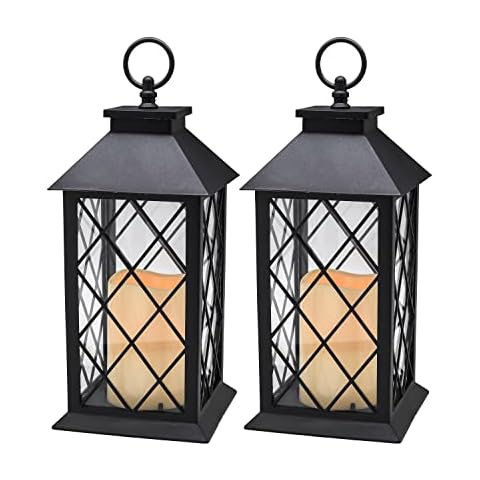 YAKii 13" Decorative Candle Lantern with LED Flameless Candle and Timer, Plastic LED Candle & Holder, Indoor & Outdoor Hanging Lights Thanksgiving &Christmas Day Decorations (Black 2 PCS) Cover