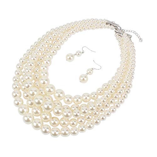 Kosmos-Li Multi Layer Pearl Strand Necklace Bracelet And Earring Faux Ivory Pearl Jewelry Set #TOP2