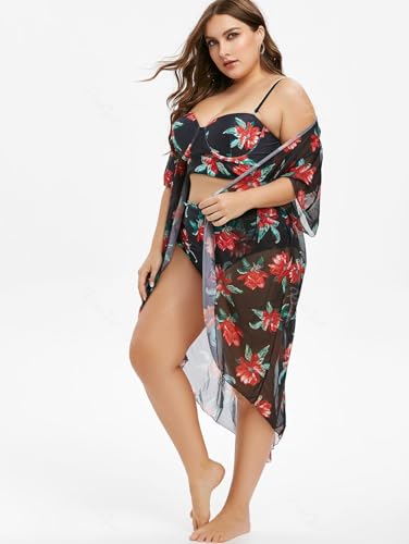 ROSE GAL Rosegal Plus Size Women 3 Piece Tankini Swimsuit Floral Print Underwire Push Up High Waisted Ruched Bathing Suit2