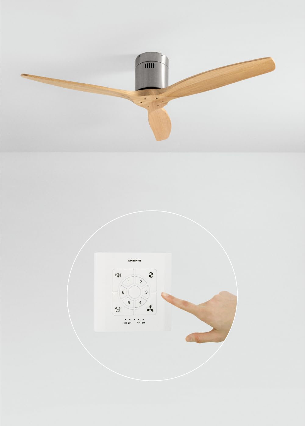 CREATE / WINDCALM NATURAL WOOD M/Ventilador de techo níquel aspas madera clara con controlador y mando / 40W, Temporizador, Ø132 cm, 6 velocidades, silencioso, función verano-invierno