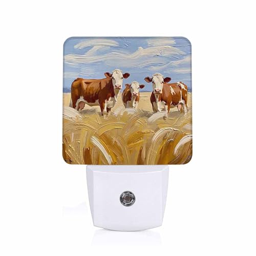 Image of LED Night Light,Yellow White Cow Watercolor Painting LED Night Light Plug into Wall with Dusk to Dawn Light Sensor White Energy Efficient Nightlight for Bedroom Hallway Living Room Kitchen