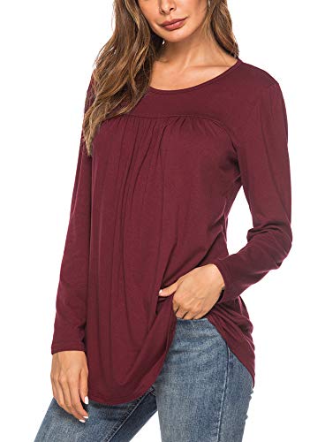 Yidarton Women's Scoop Neck Pleated Blouse Solid Color Short Sleeve Tunic Tops T Shirts (Y-Wine red, Medium) - Thumbnail 6