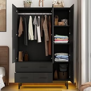 3doorarmoirewardrobeclosetcabinetwithdrawersandledlightsmultitiershelveshangingrod3louverdoorslargecapacitystoragewardrobearmoireforbedroom3doorsblack Urban Country Home Decor 3 door armoire wardrobe closet cabinet with drawers and led lights multi tier shelves hanging rod 3 louver doors large capacity storage wardrobe armoire for bedroom3 doors black urban country home decor