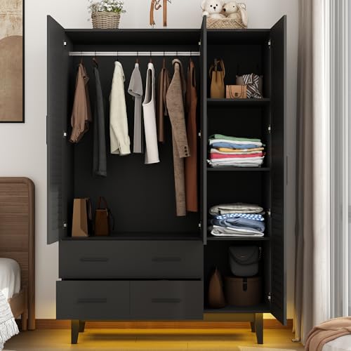 3doorarmoirewardrobeclosetcabinetwithdrawersandledlightsmultitiershelveshangingrod3louverdoorslargecapacitystoragewardrobearmoireforbedroom3doorsblack Urban Country Home Decor 3 door armoire wardrobe closet cabinet with drawers and led lights multi tier shelves hanging rod 3 louver doors large capacity storage wardrobe armoire for bedroom3 doors black urban country home decor