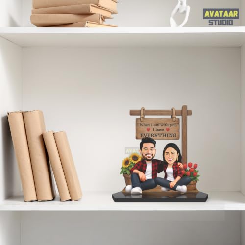 Image of Wood Rectangular Personalized Caricature Gift for Couple, 7 Inches, Tabletop Multicolor, Art Deco Style (COUPLE 13)