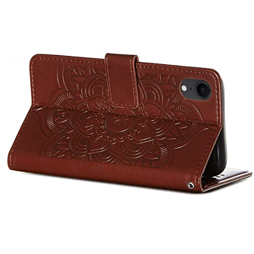 Coque iPhone XR boîtier de portefeuille antichoc protection folio fleur 3D marron