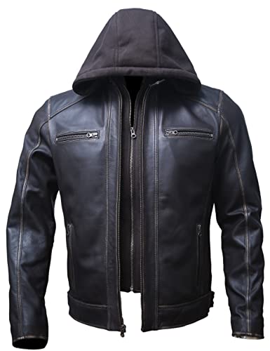 Artistry Mens Genuine Lambskin Leather Motorcycle Jacket with Removable Hood in Black Brown4