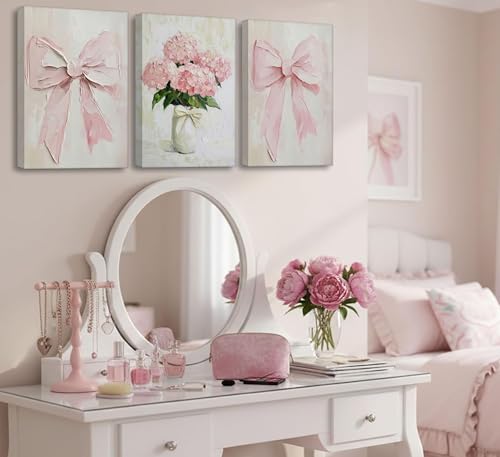 Image of 3Pcs Trendy Pink Bows Canvas Wall Art for College Apartment Bedroom Decor