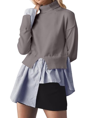 Image of Women Asymmetrical Patchwork Sweaters Slit Turtleneck Pullover Sweater Dress 2 in 1 Sweater Shirt Tunic Sweater Tops