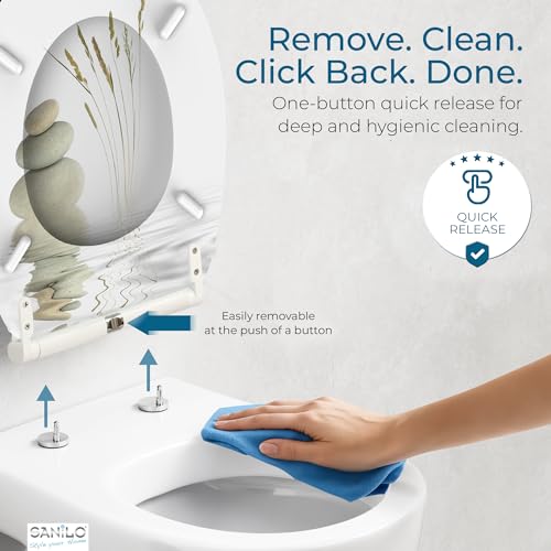 Image of Sanilo Wooden Toilet Seat with Quick Release & Soft Close [ROUND] - Decorative & Slow Close Molded Wood Seat - With One Click for Easy Installation & Cleaning - With Adjustable Fit (Balance)
