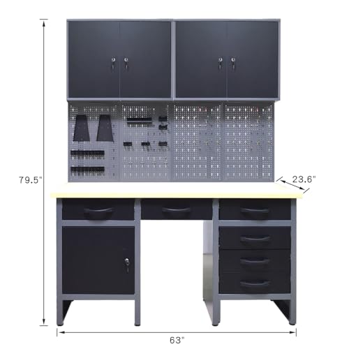 Image of JZD Metal Garage Workbench Desk Set System with Storage Cabinet, Wood Table Top for Workshop Utility Room