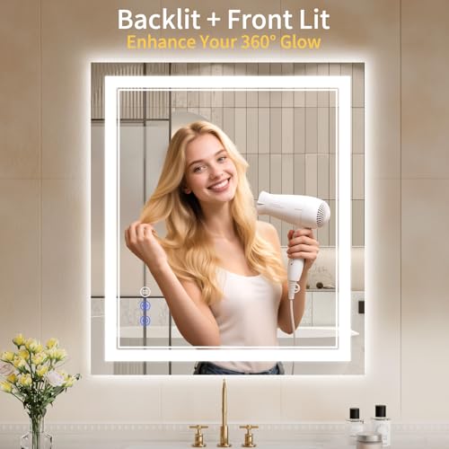 Image of 28X32 LED Bathroom Mirror with Lights, Anti-Fog, Backlit + Front Lit, Dimmable, Led Vanity Mirror for Wall, Lighted Bathroom Mirror, 3 Colors, Shatter-Proof Tempered Glass