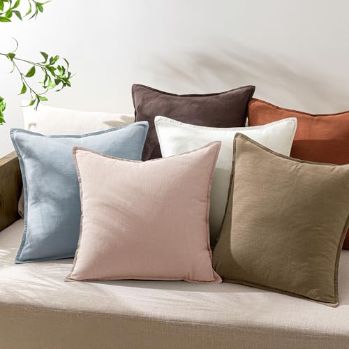 Image of Decorative Linen Solid Throw Pillow Covers Boho Accent Farmhouse Pillows Modern Valentines Home Decor for Couch Sofa Living Room Bed 20x20 Inch Set of 2,Light Pink