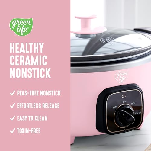 Image of GreenLife 3.5QT Slow Cooker, PFAS-Free Non-Toxic Ceramic Nonstick Removable Interior Bowl, Programmable, Keep Warm, Stovetop & Oven Safe Pot, Dishwasher Safe Crock & Glass Lid, Pink