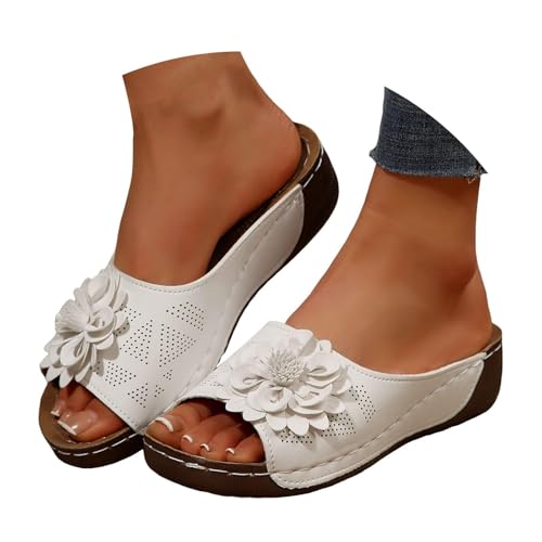 Chic Flowers Orthopedic Sandals for Women,Orthopedic Wedge Sandals for Women Arch Support Fish Mouth Open Toe Leather Slippers,Leather Floral Breathable Slide Sandals,Wedge Platform Shoes
