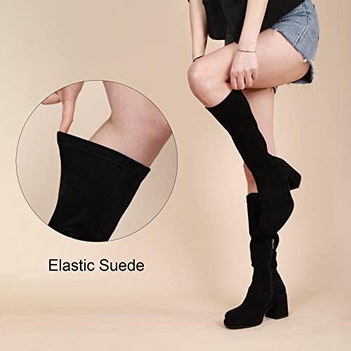 Image of LanreyTaley Elastic Women Knee High Boots Platform Chunky Heel Tall Boots Suede Dress Boots Side Zipper Stretch Boots Fall