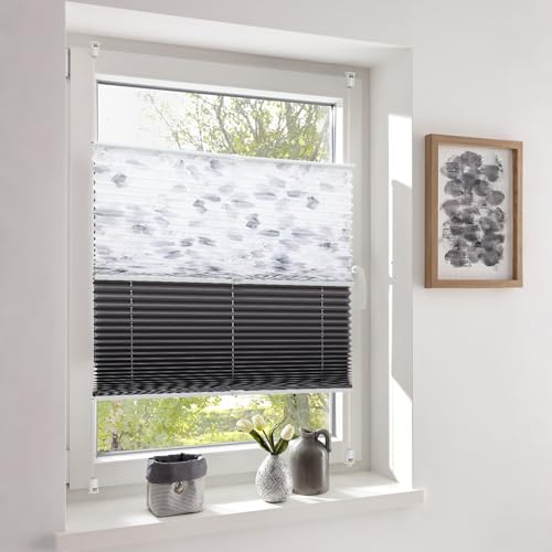 Sekey Plissee Day+Night Doppelplissee Verdunkelung ohne Bohren verspannt Lichtschutz 100x120cm Druck+Dunkelgrau – Ansicht 1