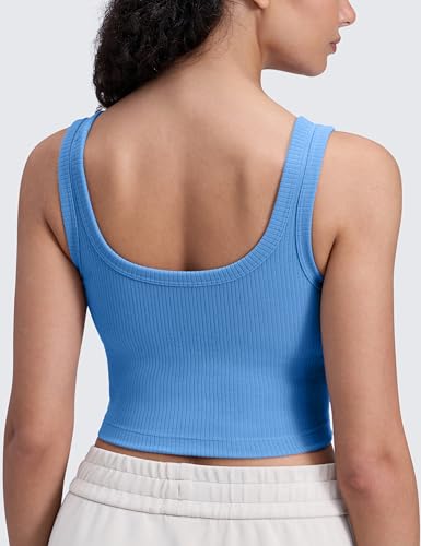 Image of CRZ YOGA Ribbed U Neck Crop Tank Tops | Medium Support, Removable Pads, Casual, Wide Straps, Longline Sports Bras for Women