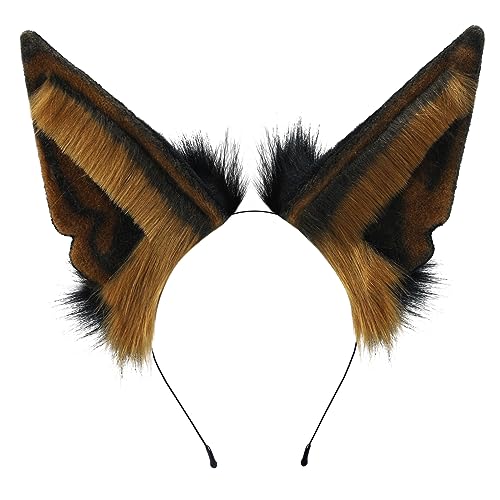 Loiahoer Jackal Ears Headband Hairband Hairhoop,Animal Wolf Fox Fur Headwear Handmade,Head Accessories for Halloween Cosplay Fancy Dress Party,Black+Brown