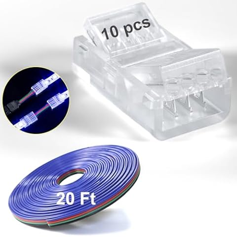 10PCS LED Strip Connectors - 20 Ft Conductor Extension Cable, 4 Pin 10mm LED Connectors for Strip Lights, Clear LED Light Strip Connectors, RGB Strip Connector for SMD 5050 Cover