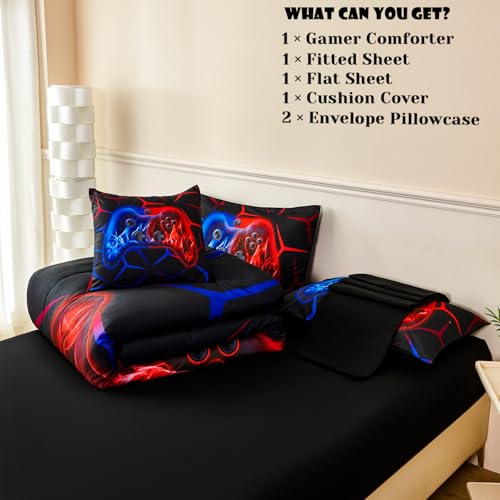 Image of ZRNBAST 6-Piece Gamer Comforter Set Queen Size Red and Blue Gaming Bedding Sets for Boys with Sheets Soft Fluffy Game Console Design Bed in a Bag (Red Blue, Queen)
