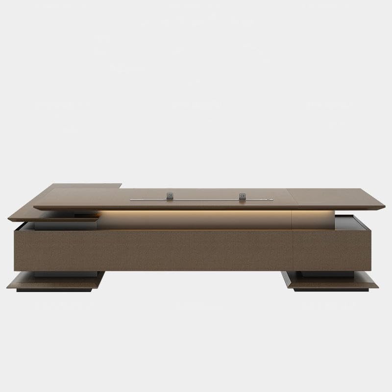 Image of Premium Executive Office Desk with Side Storage Cabinet, Modern CEO Manager Table in Dark Wood Finish for Luxury Office Cabin & Workspace Furniture (LDL-797 MDFL L8W3)
