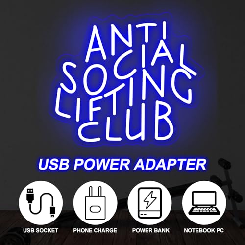 Image of Anti Social Lifting Club Neon Light Signs Weight Lifting Sign | USB Powered Dimmable Workout Gym Wall Decor Home Gym Decoration 14.6 inchx12.6 inch