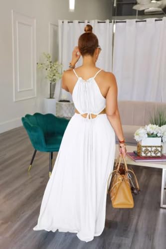 Image of Yeshire Womens Summer Spaghetti Strap Maxi Dress Sleeveless Sexy Cutout Drawstring Boho Beach Vacation Party Dresses