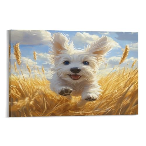 Tableau chien maltais pour salon : toile moderne chic 50x75cm décorative