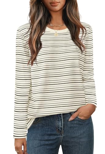 MEROKEETY Women's 2025 Long Sleeve Top Blouse Fall Casual Trendy Colourful Striped Crewneck Loose Shirts