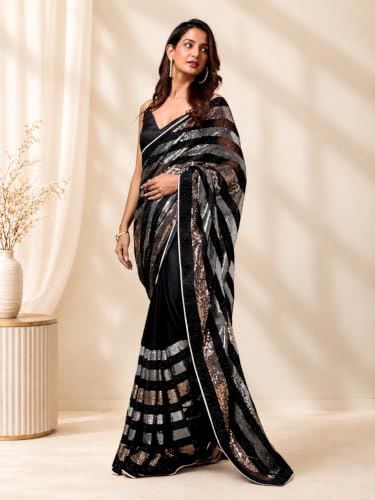 Image of TRENDMALLS Women's Georgette Embroidery Sequence Work Saree With Unstitched Blouse Piece