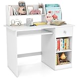 DREAMADE Bureau Enfant 90x45x90CM en Bois,Table d'Étude Fille Garçon avec Bibliothèque&Tiroir&2 Etagères&Plateau à Clavier,Bureau Enfants avec Dispositif Anti-Bascule,Charge 100KG (Blanc)
