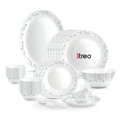 Image of Treo by Milton Opalware Aurelia Murel Dinner Set of 33 | Serving for 6 | Microwave & Dishwasher Safe | Bone-Ash Free | Tempered Toughness | Plates, Bowls, Spoons | Crockery Set for Dining & Gifting