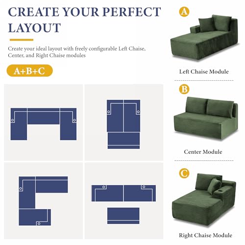 Image of 96 inch Sectional Couches for Living Room Cloud Couch Sofa with L-Shape Upholstered Boneless Couchs Modern Modular Sectional Couch with Chaise (Green, 133 inch W+U Facing Chaise)