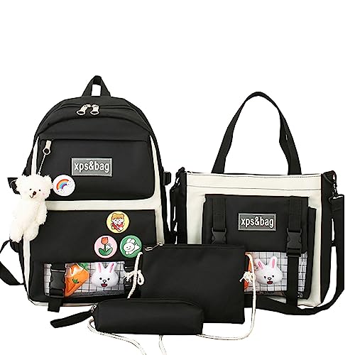 4Pcs Kawaii Backpack Cute Backpack for School Aesthetic Backpack Kawaii School Supplies Backpack Set with Accessories (Black)