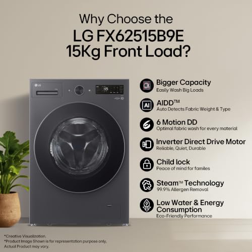 Image of LG 15 Kg, 5 Star, AI Direct Drive Technology, Wi-Fi Enabled, Steam, Fully Automatic Front-Loading Washing Machine (FX62515B9E, Allergy Care, Turbowash 360⁰, 6 Motion DD, 2026 Model, Essence Graphite)