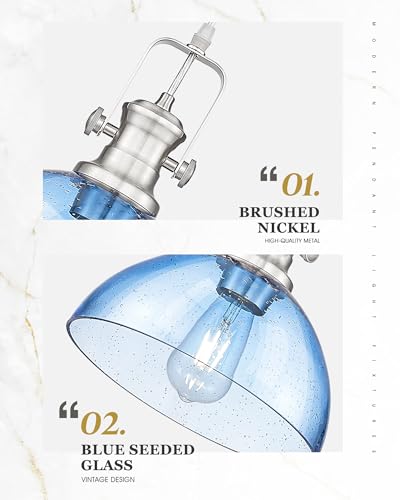 Image of 10.5 inch Brushed Nickel Pendant Lights Kitchen Island, Blue Shade | Farmhouse Vintage Hanging Light for Dining Room, Blue Seeded Glass Shade, Adjustable Cord, E26 Base, AD-22151-1PL-BK