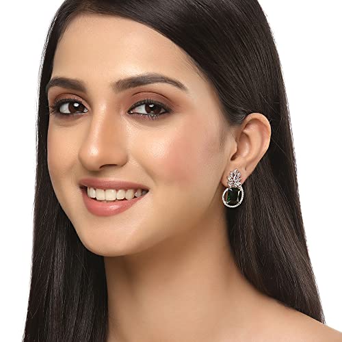 Zeneme Oxidised Silver-Plated American Diamond studded Paisley Shaped Studs Earrings for Girls and Women