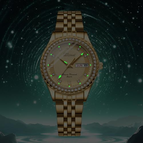 Image of JewelryWe Couple Gold Quartz Watch: Business Analog Full Diamond Day Date 3ATM Waterproof Luminous Hands Stainless Steel Removable Strap Casual Wrist Watch for Father's Day
