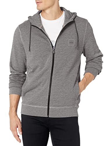 BOSS HUGO BOSS Men's Patch Logo French Terry Pullover Cotton Zip Up Hooded Sweatshirt, Fog Grey, X-Large