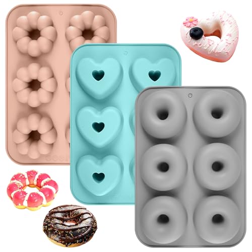 AetherAurora Donuts Backform 3 Stück Silikon Donut Formen 6 Hohlräume Silikon Donut Backform Hitzebeständigkeit Backblech Spülmaschinenfest für Donuts Muffins Kuchen Kekse Bagels (Drei Formen)
