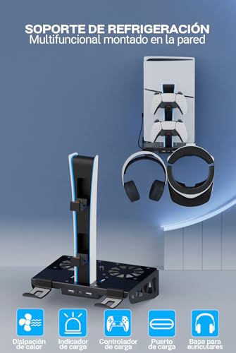 Soporte de pared Playstation 5 PS5 Slim y VR2 con RGB ,Ventilador Refrigerador, Soporte y Carga de 2 Mandos PS5, Soporte Auriculares, Accesorios PS5 Digital y de Disco (Soporte de Pared RGB) - imagen 4